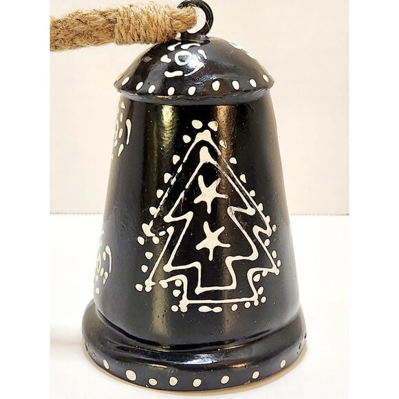 Swedish Christmas Bell Metal Hand Painted Black & White Christmas Tree Jute 5" - Picture 4 of 10